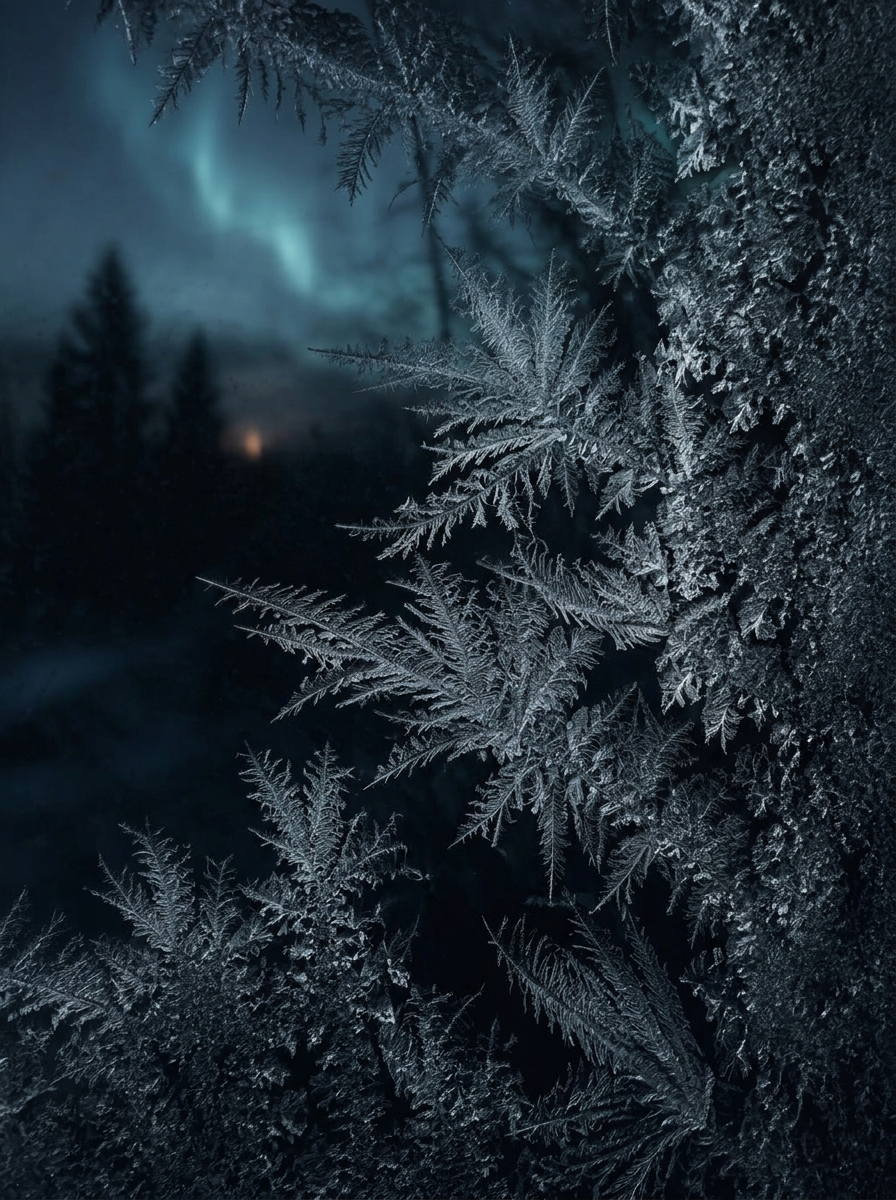 Frostkrystaller på et mørkt vindu